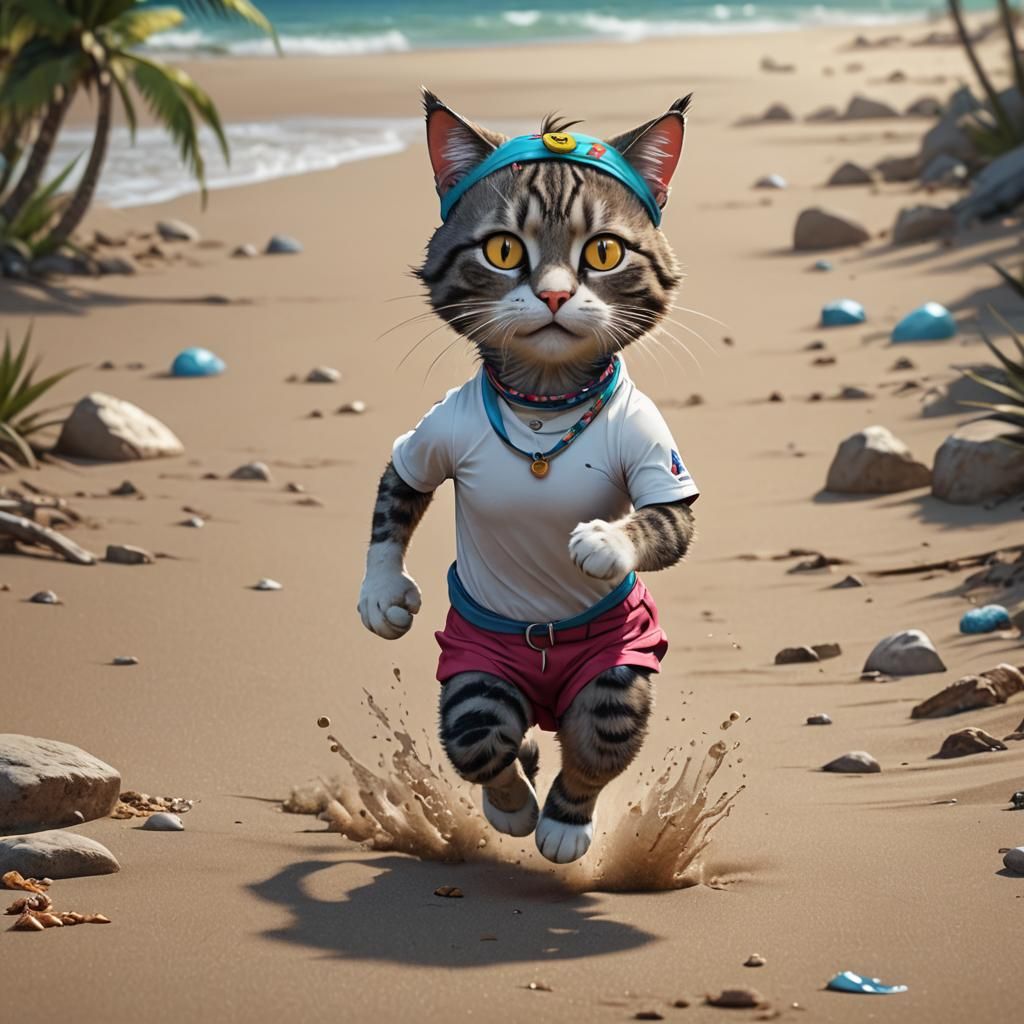 Cartoon Cat Jogging on Beach: Detailed Matte Painting