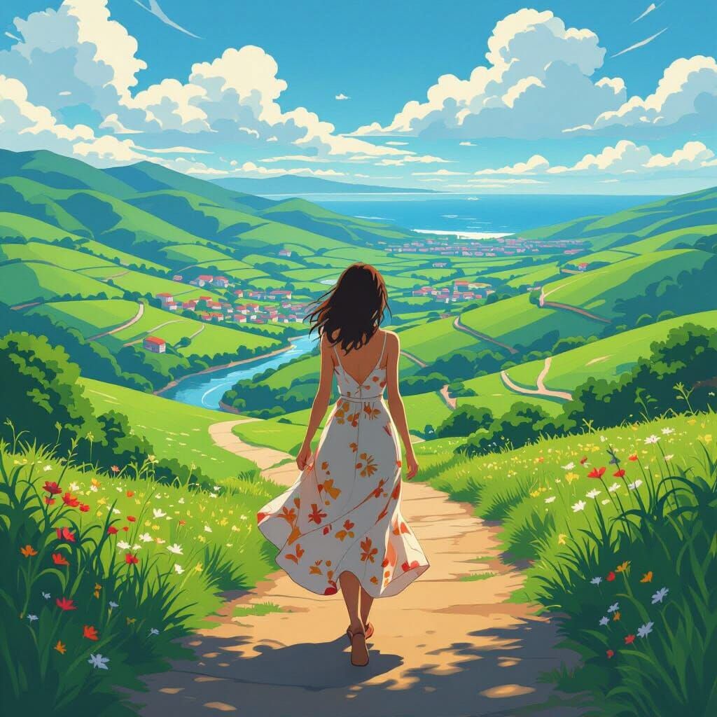 Woman Walks in Lush Landscape, Anime Style