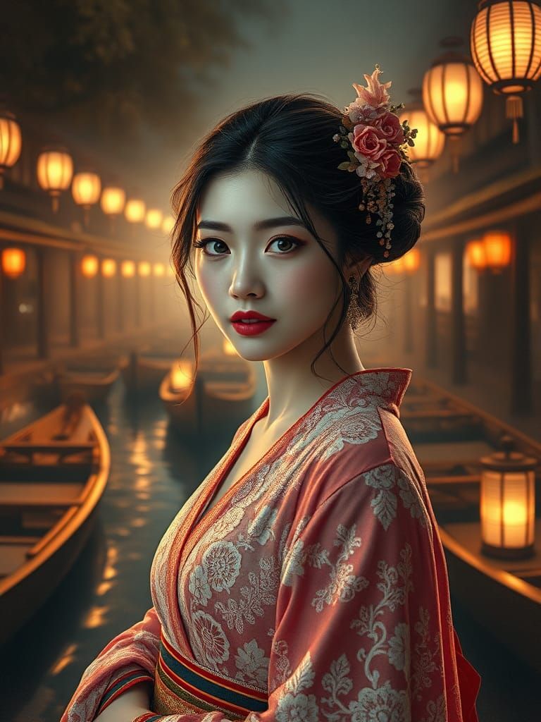 Ukrainian-Japanese Woman in Kimono on Misty Bridge