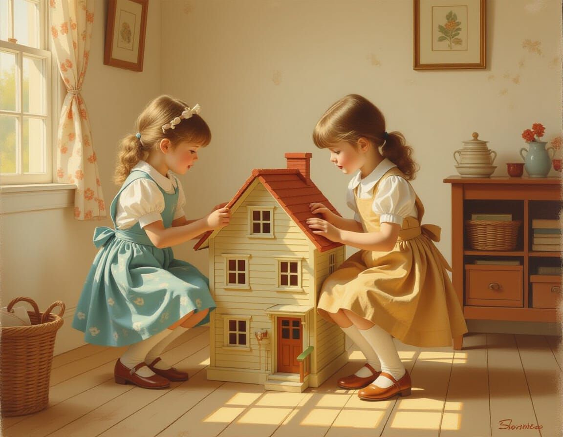Girls Playing in Sunlit Room, Nostalgic Oil Painting