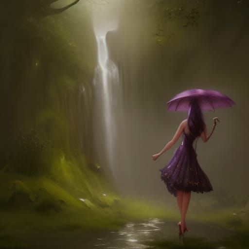 Happy Witch in Magical Waterfall Garden: Dark Fantasy Art