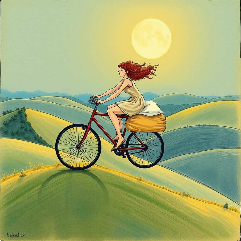 Surrealist Cyclist Glides Over Dreamy Hills on Elegant Omafi...
