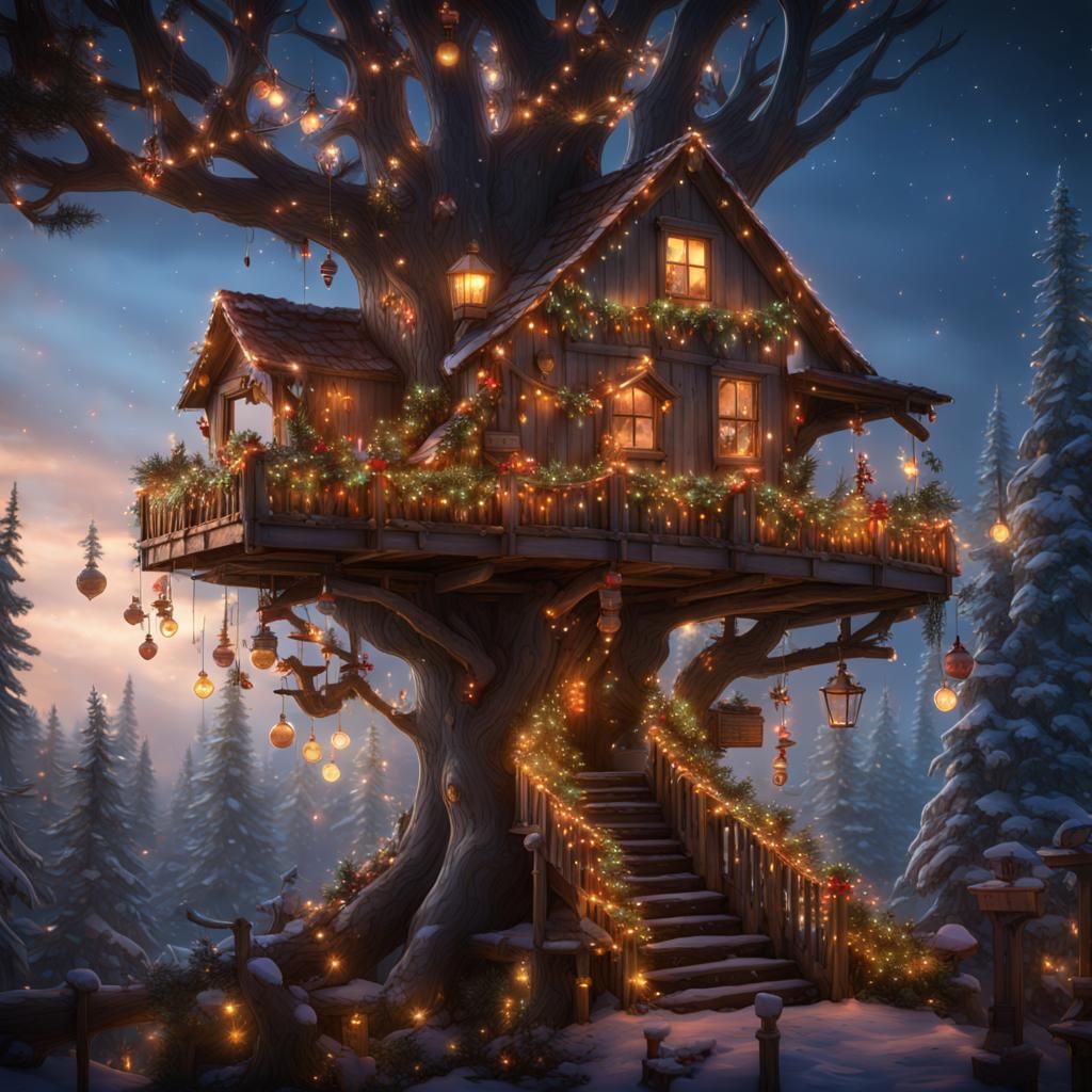 Festive Christmas Treehouse in County Lights
