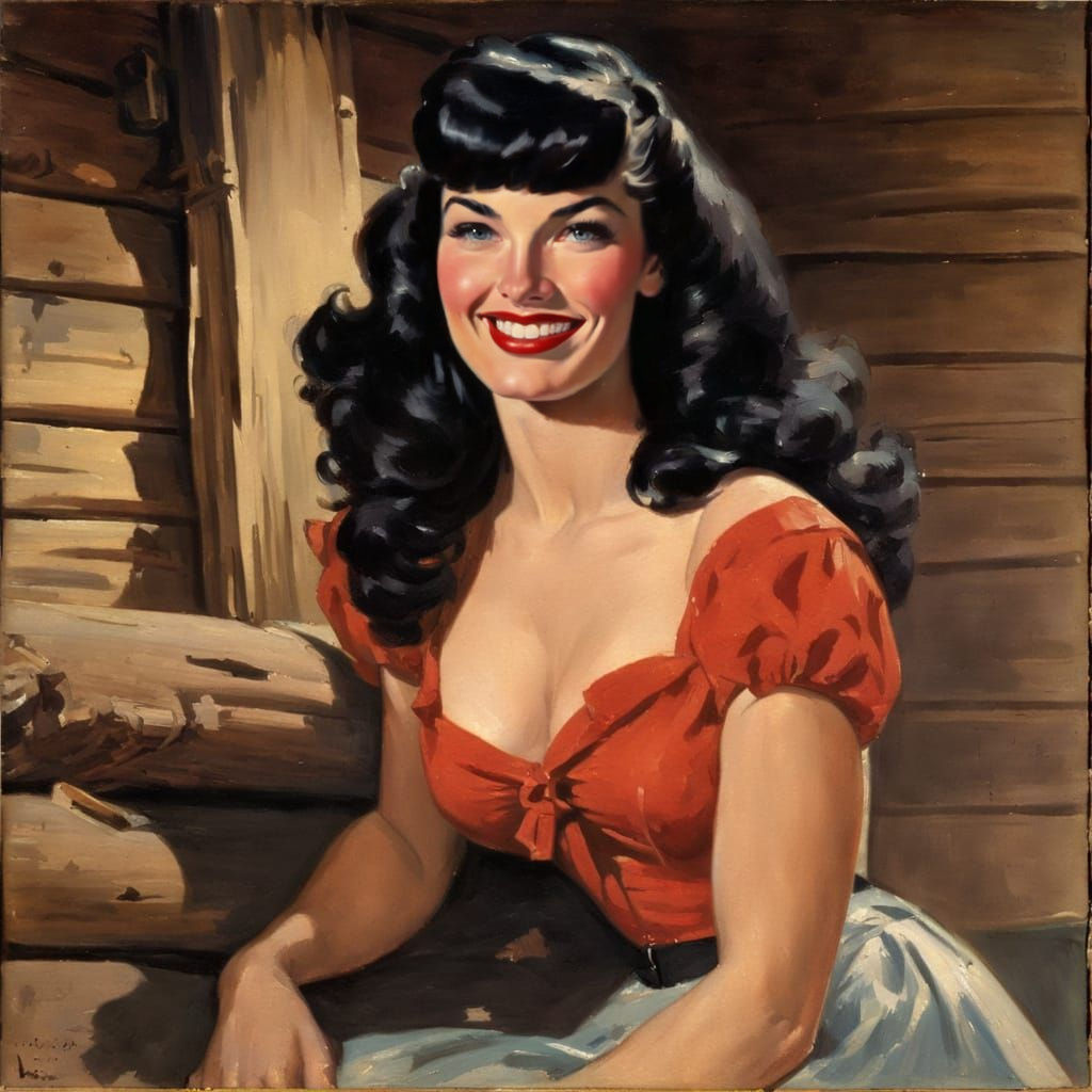 Romanticist Oil Portrait of a Young Woman in a Cozy Cabin