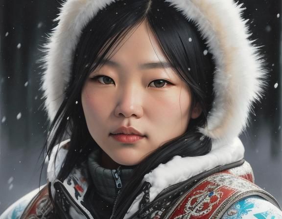 Inuit Girl Portrait in Snow, Detailed Abstract Illustration