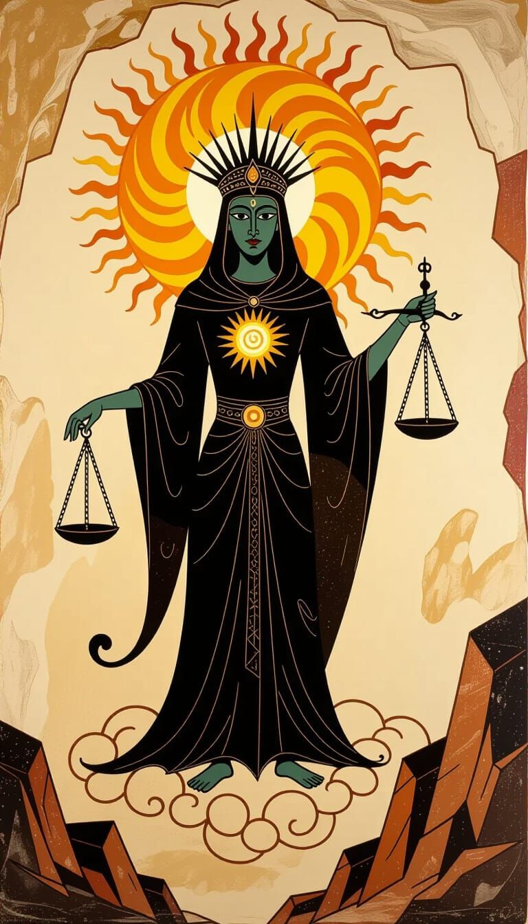 Ancient Cave Art of Hooded Figure Holding Scales