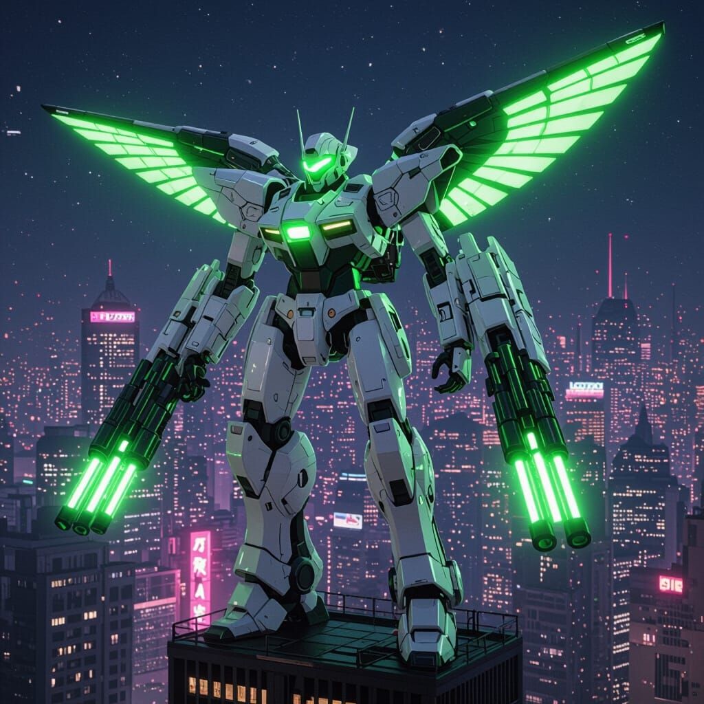 Futuristic Mecha Robot with Jetpack in Neon Cityscape