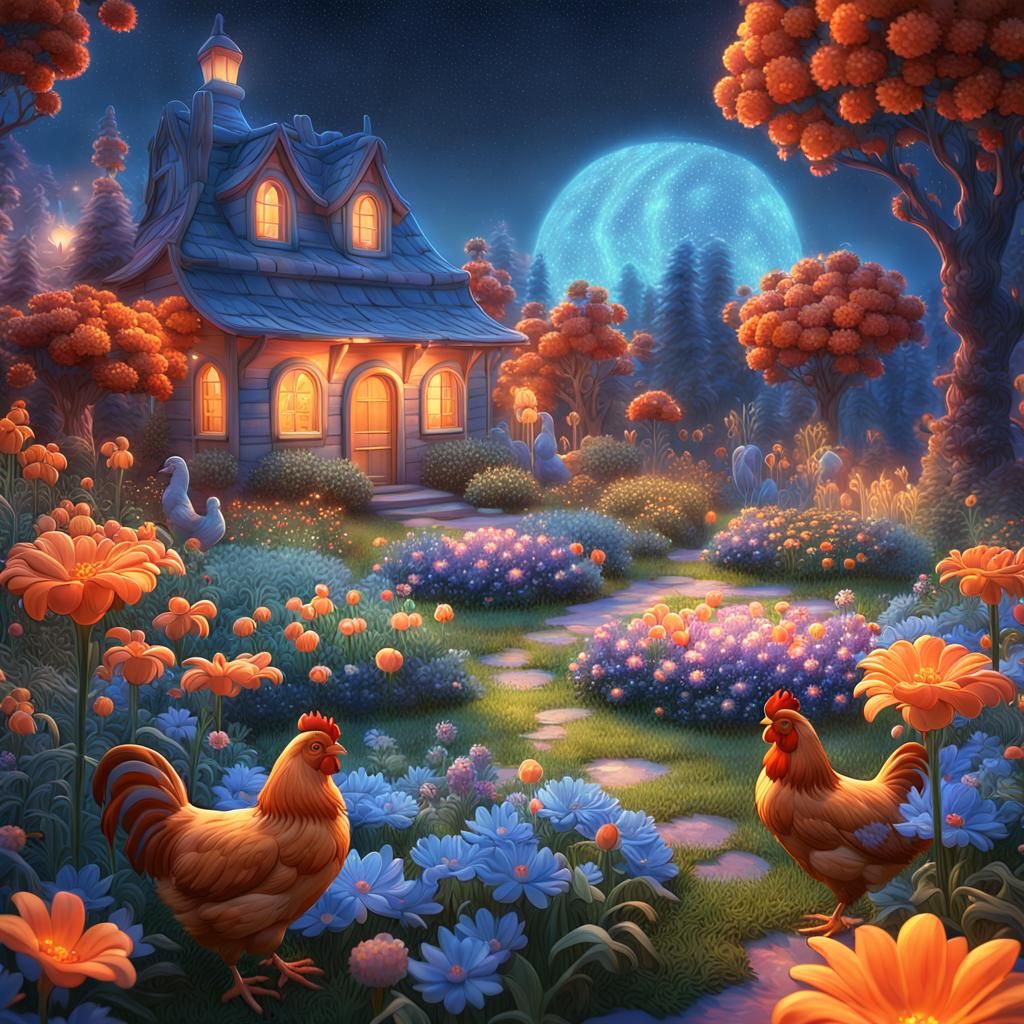 Chickens in Star Garden: Whimsical Matte Painting