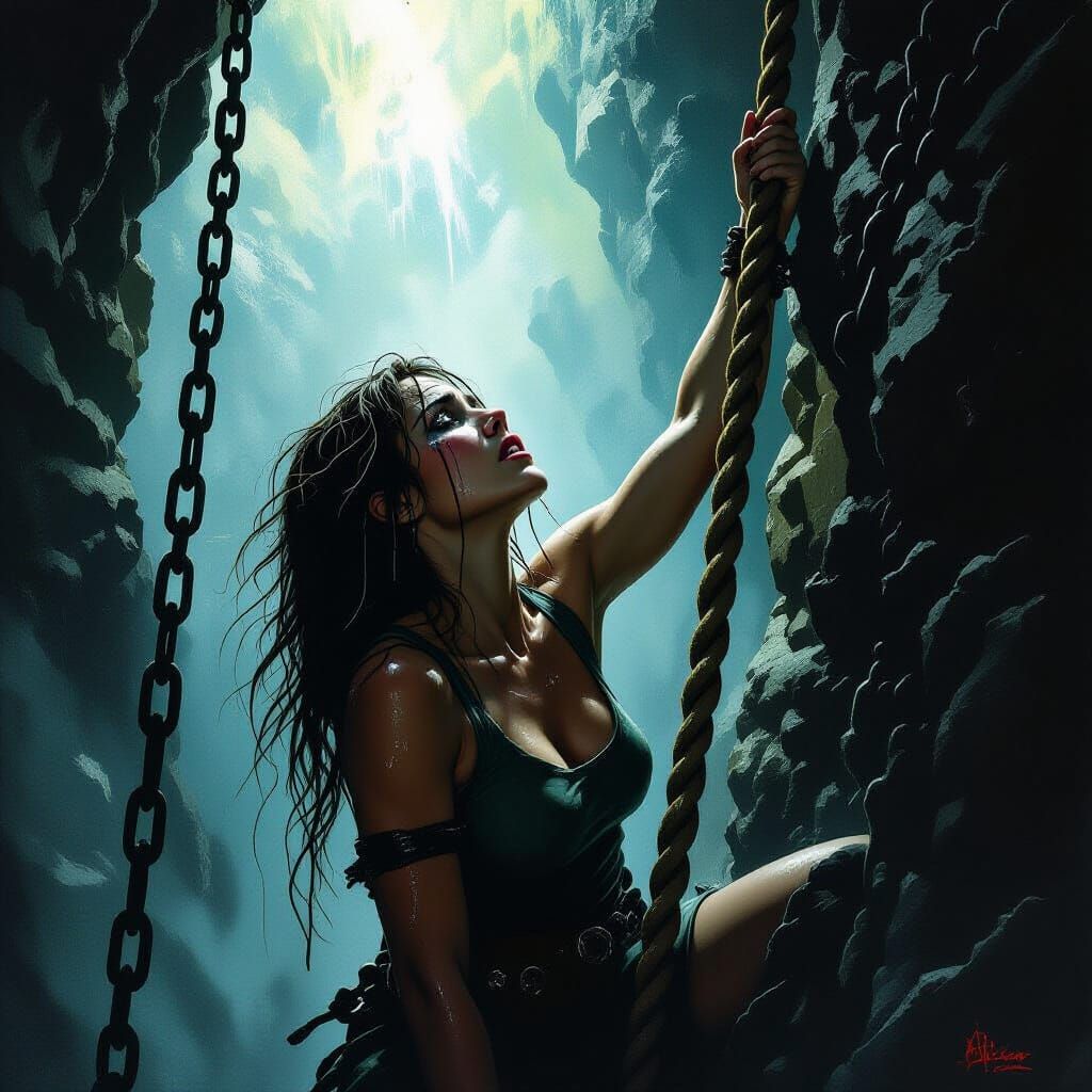 Woman Ascends Rope Toward Hope Amidst Struggle