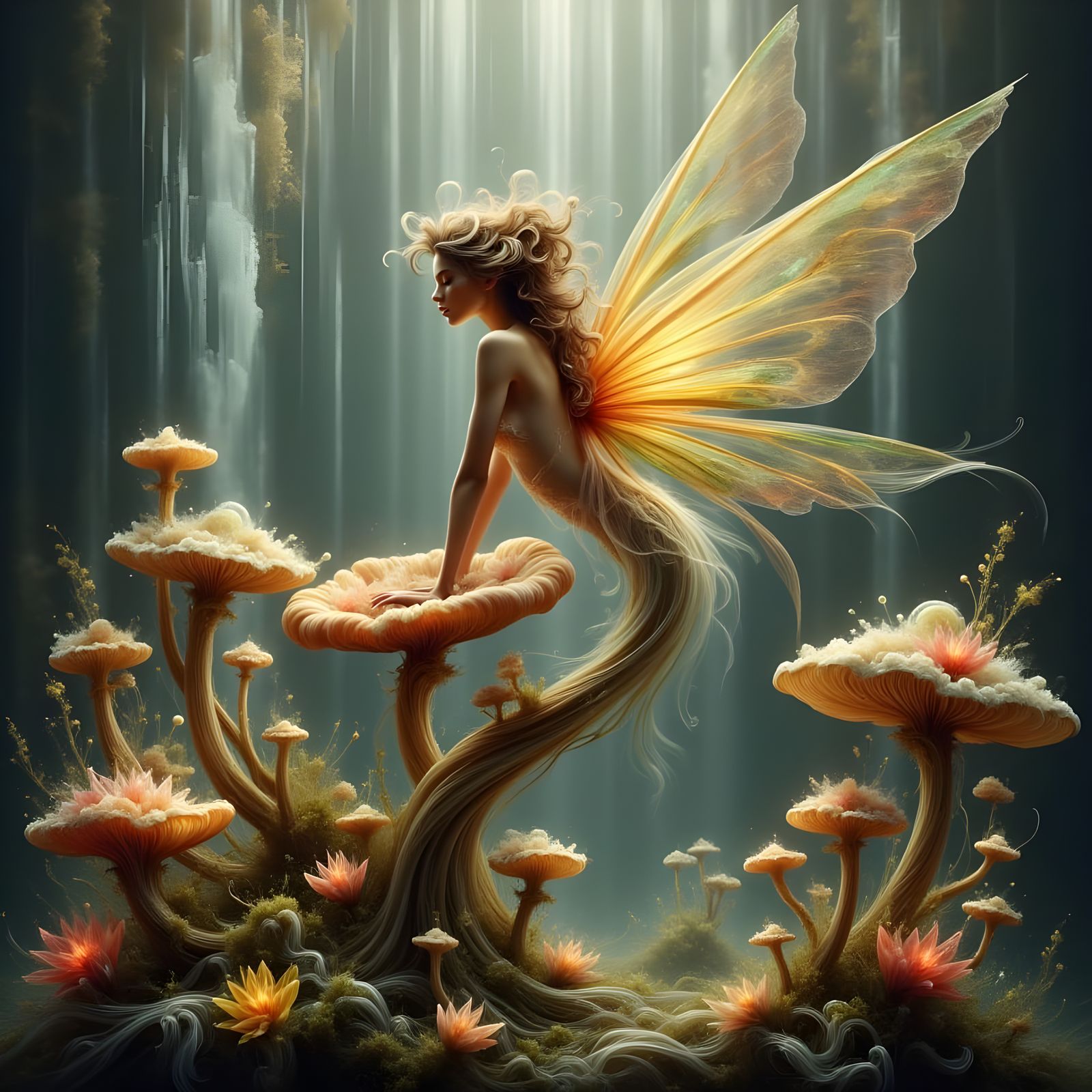 hyper realistic, hyper detailed, whimsical, Fairy woman leaning on a mushroom, (shirtless), facing the camera, extra lar...