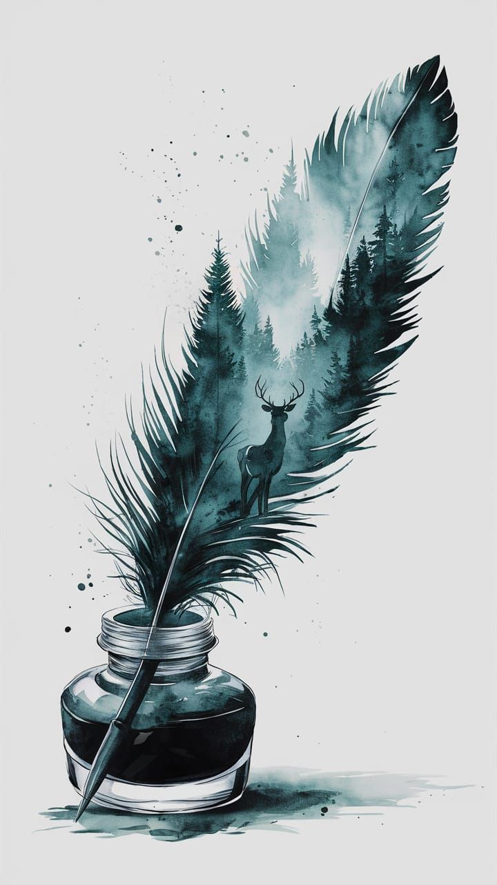 Feather Pen Inkwell Reflecting Foggy Forest Scene