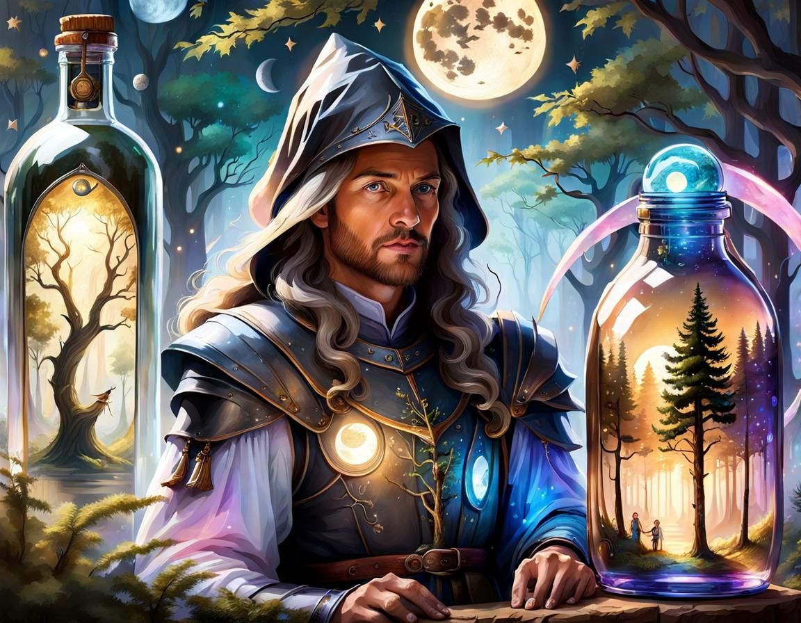 Magical Creature Gazing at Twin Moons in Bottle