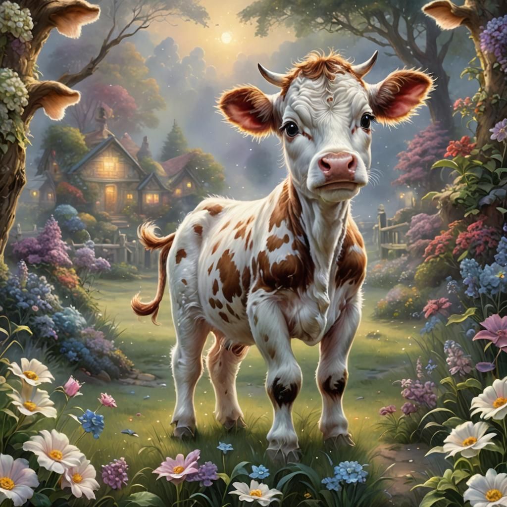 Ethereal Baby Cow in Fantasy Landscape
