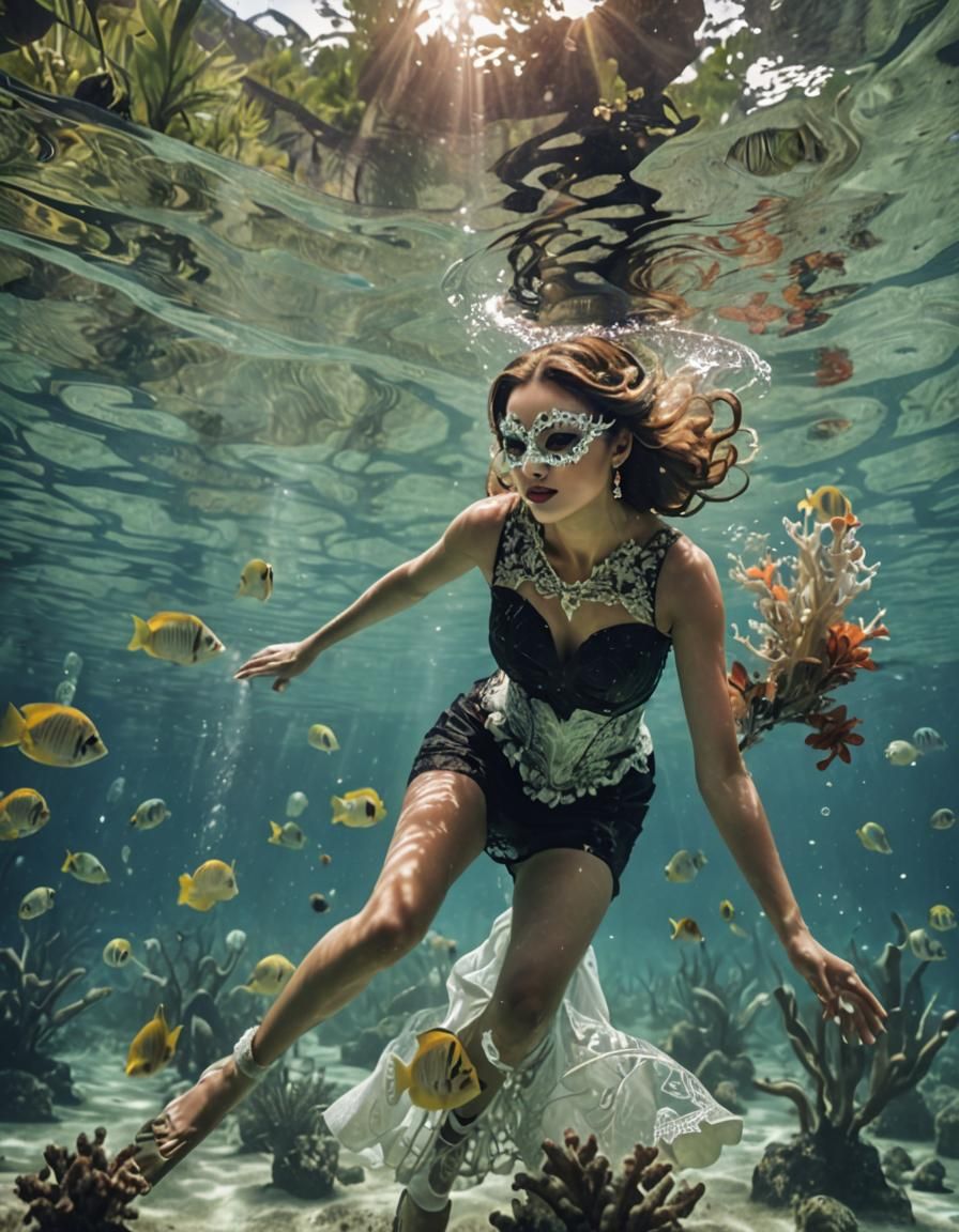 Elegant Woman in Ball Gown Underwater