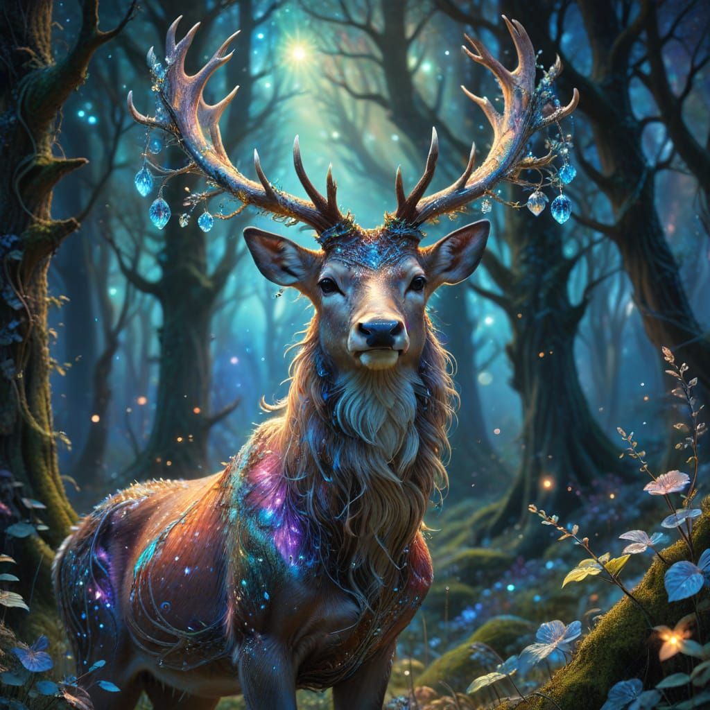 Stag with Crystalline Antlers in Forest Clearing