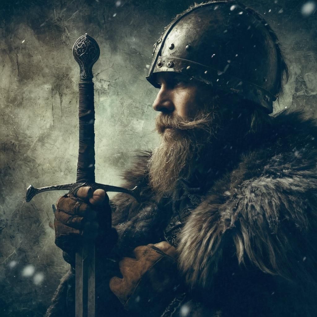 Dark Fantasy Norseman with Celtic Sword in Winter Landscape