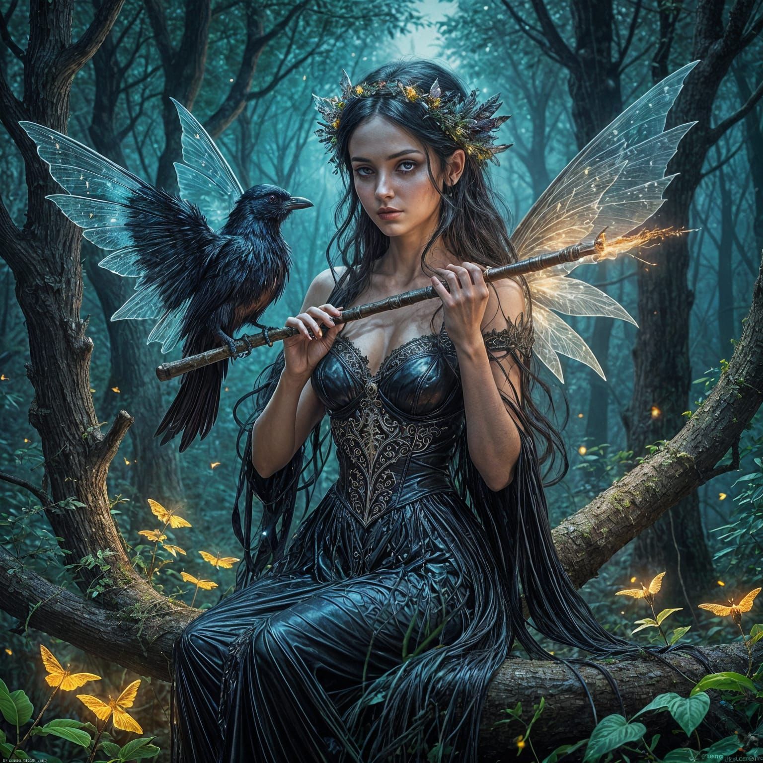 Gothic Fairy Playing Flute in Bioluminescent Forest