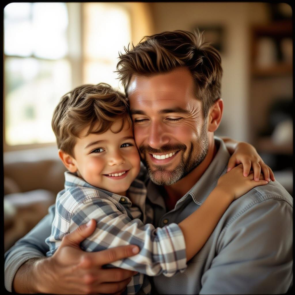 Father and Son Embrace in Dramatic Cinematic Lighting