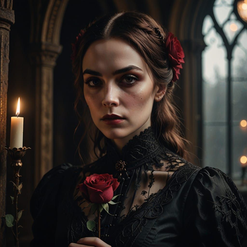 Gothic Romance: Enchanting Woman in Victorian Lace Stares in...