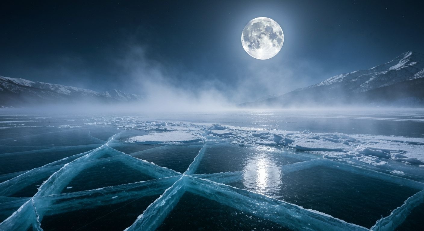 Surreal Frozen Lake: Japanese Myth Under Moonlight