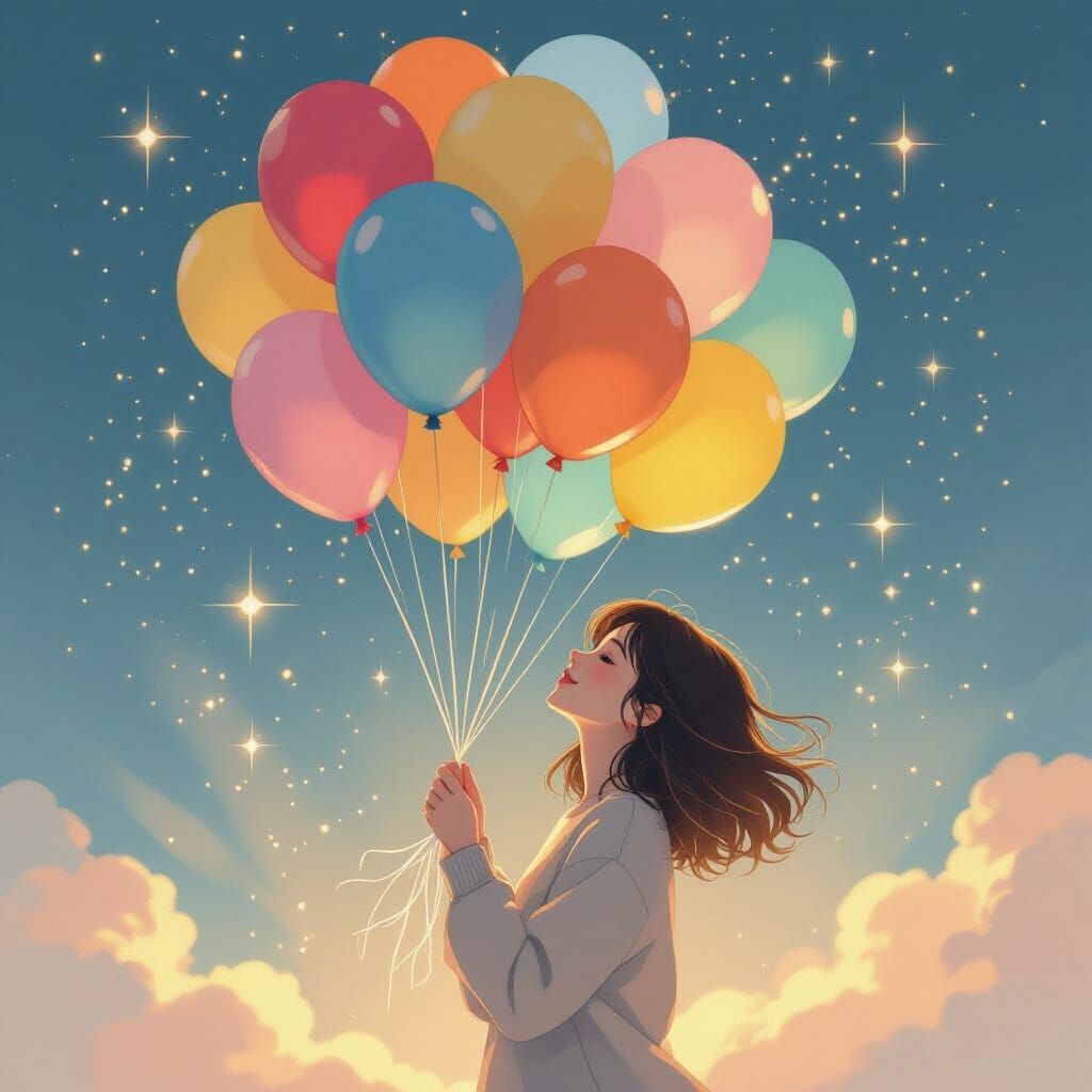 Person Embracing Balloons in Dreamlike Stardust Scene