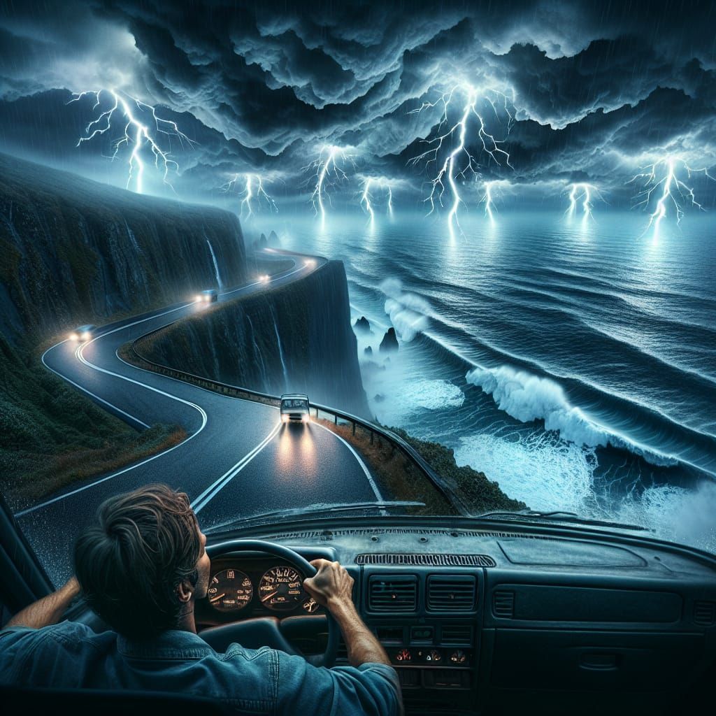 Cliffside Drive During a Lightning Storm