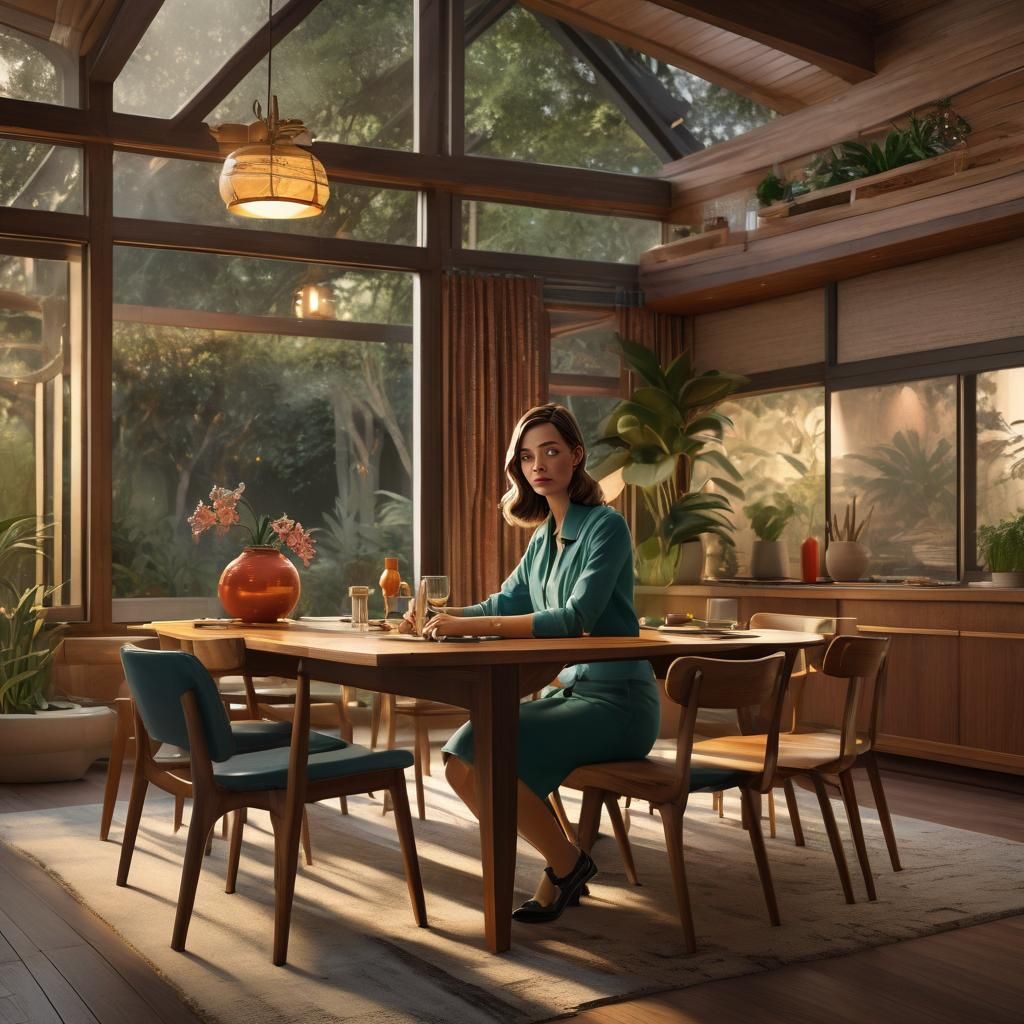 Mid-Century Modern Dining Room in Splash Art Style