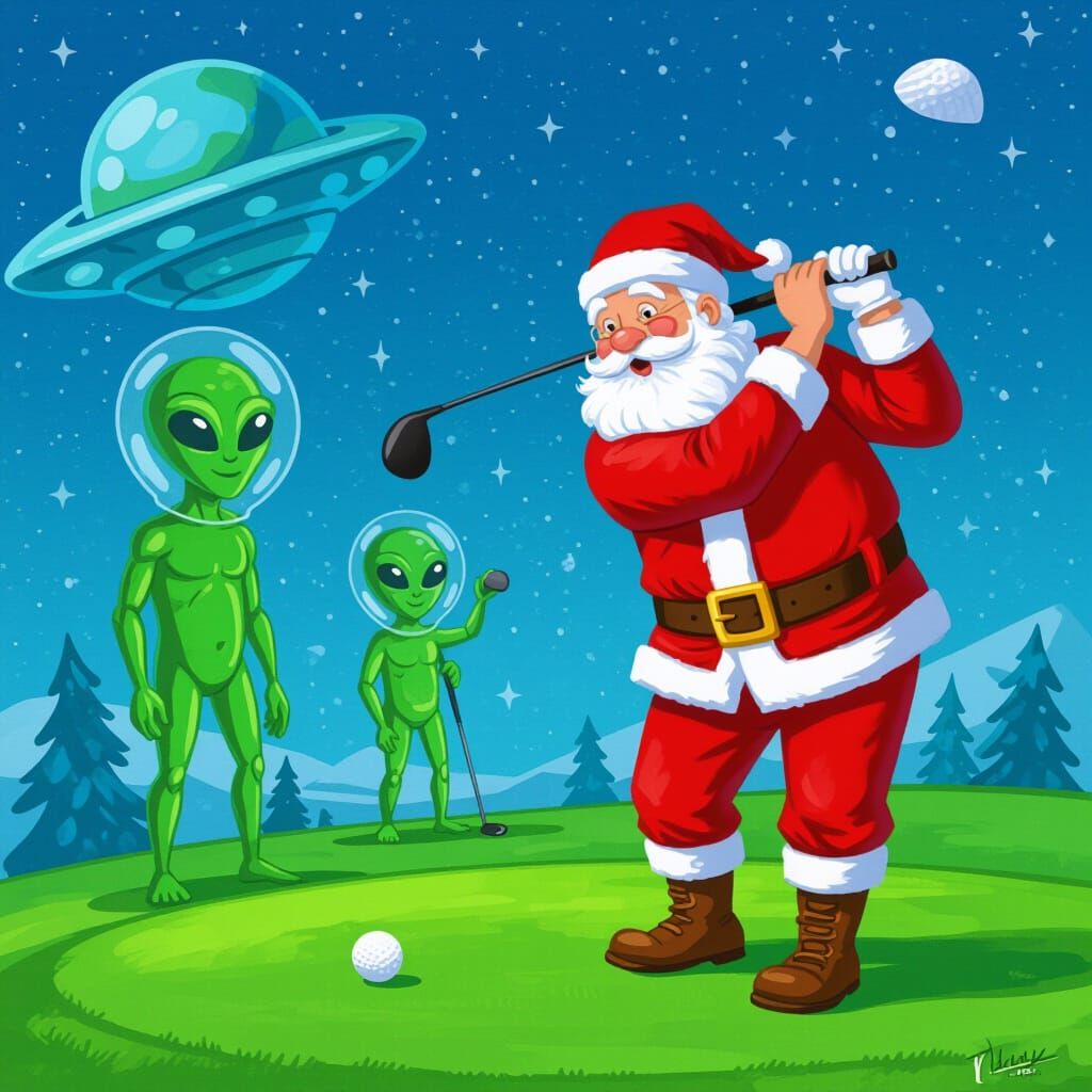 Santa Claus Golfing with Aliens