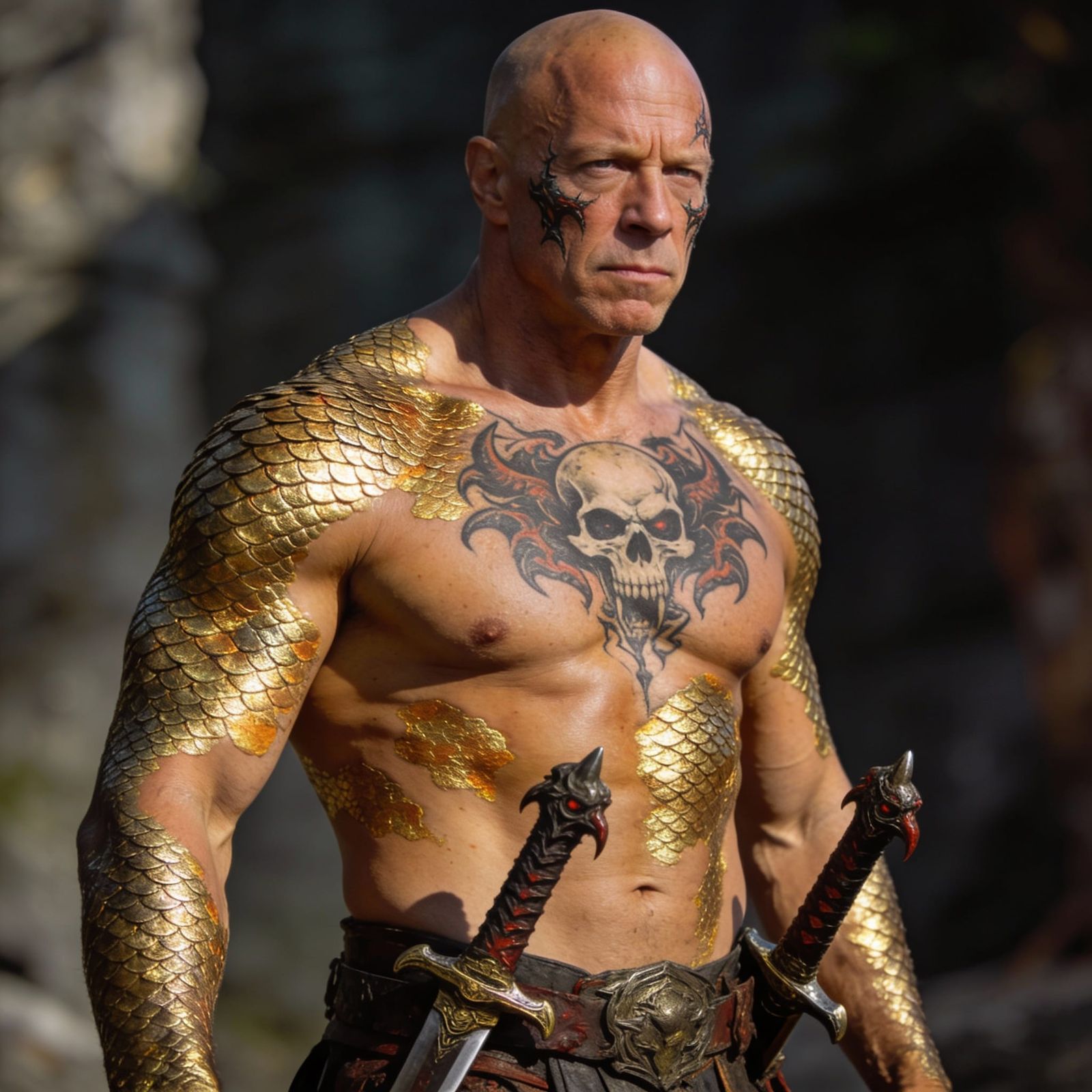 Golden Scaled Man with Tattoos and Demonic Swords