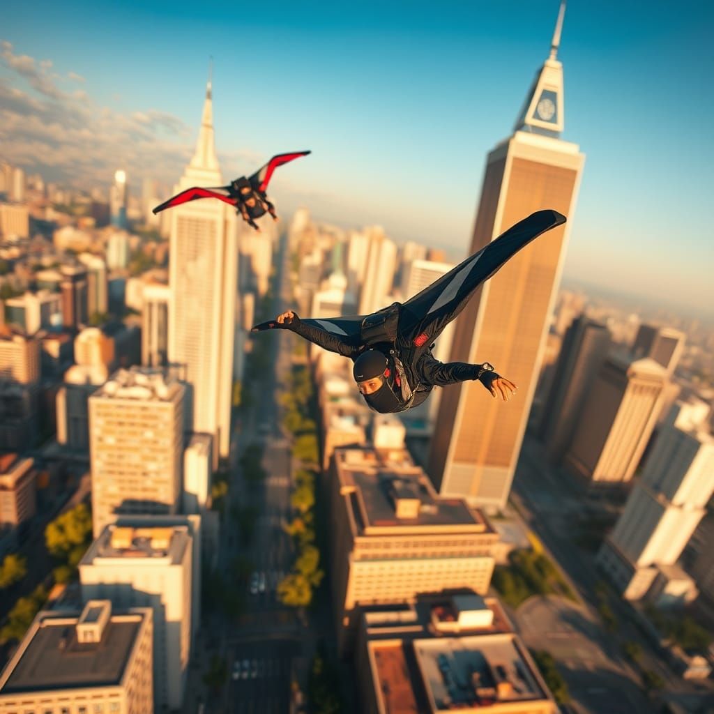 Humans Soaring Through Metropolis in Golden Light