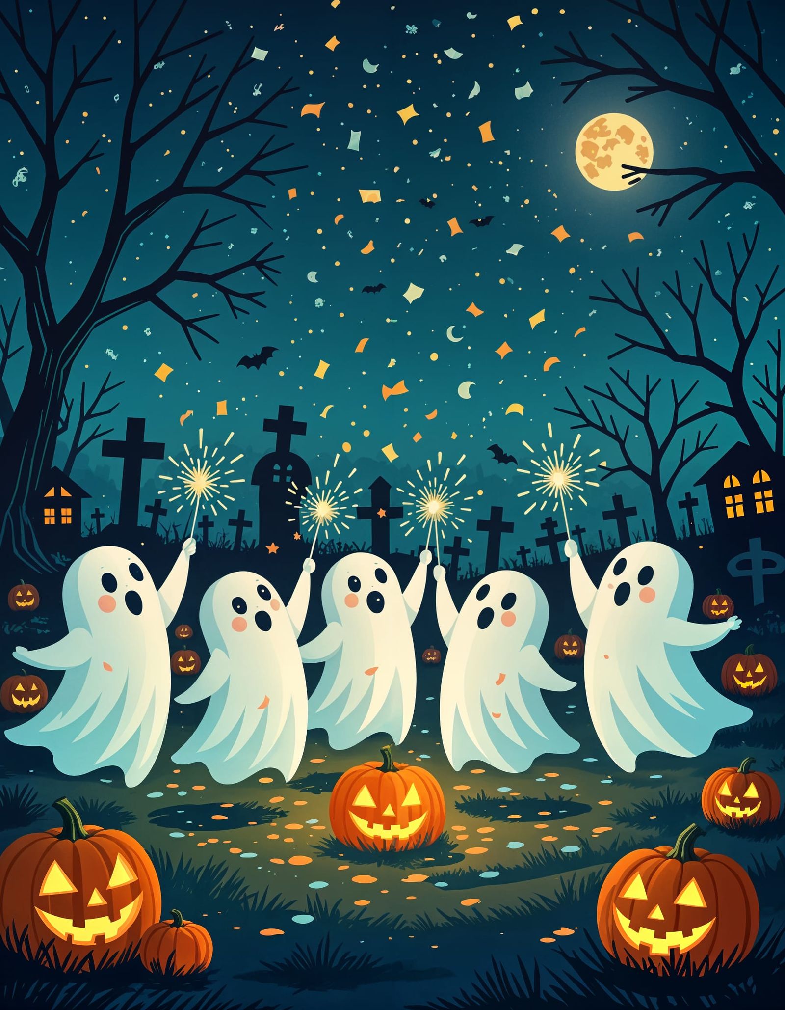 Tiny Ghosts Celebrate Halloween New Year In Graveyard