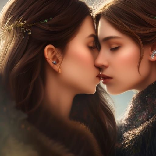 Two Girls Kissing with Engagement Ring, Detailed Portrait