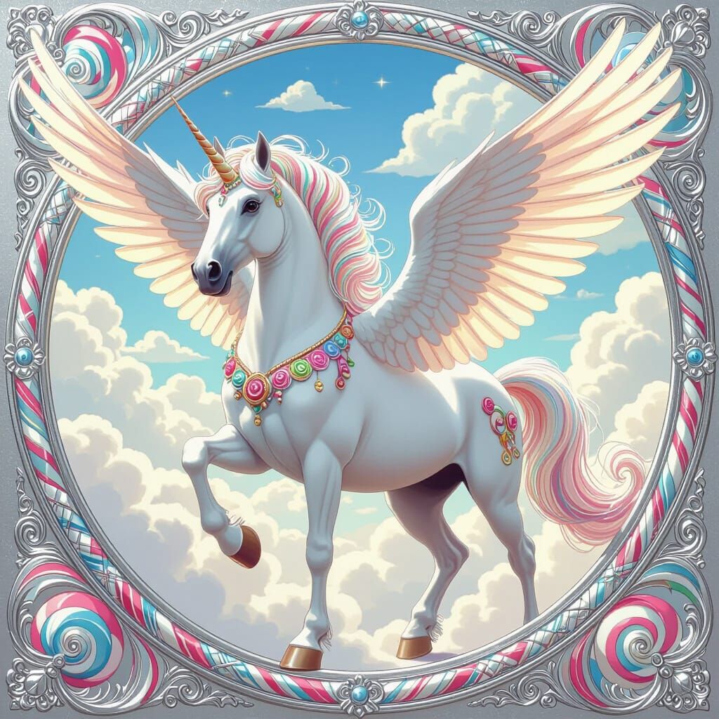 Candy Pegasus in Art Nouveau Style Before Cloudscape