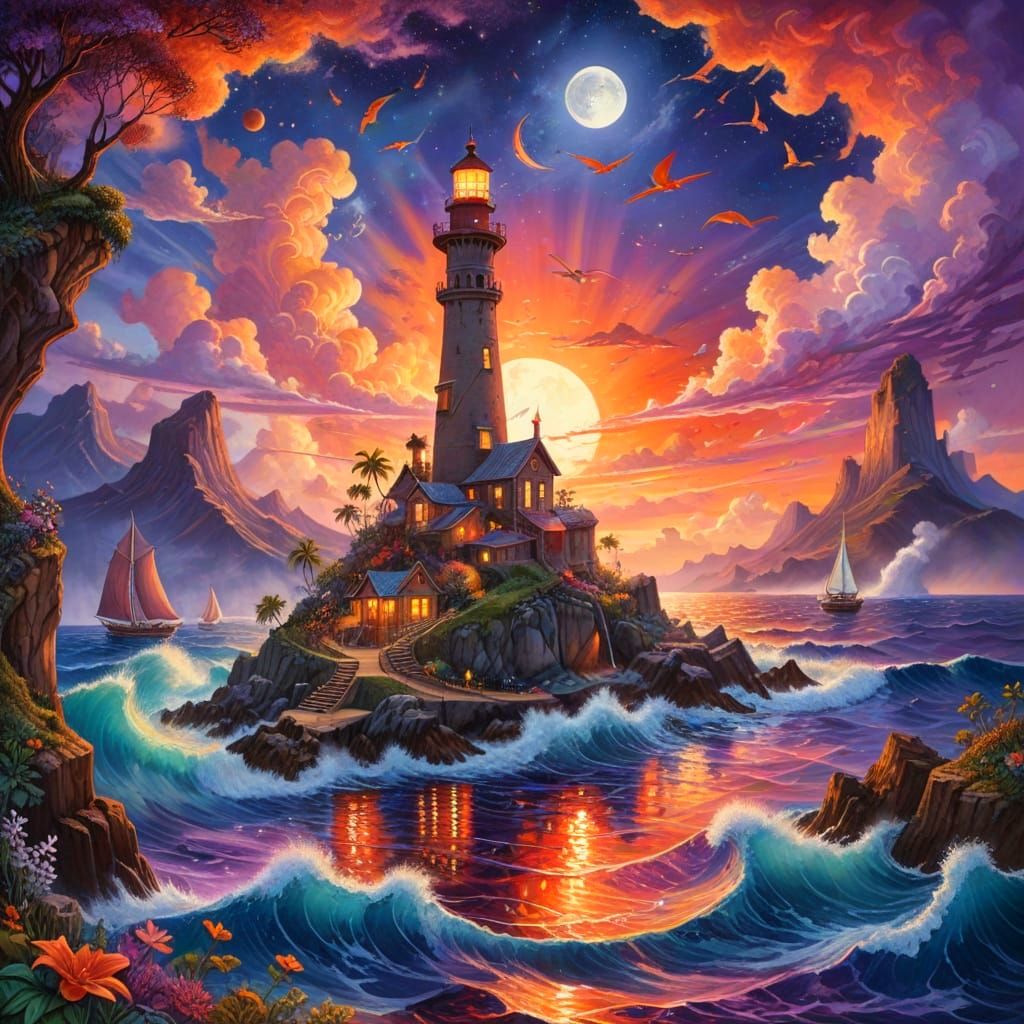 Surreal Hawaiian Harbor at Sunset with Lighthouse