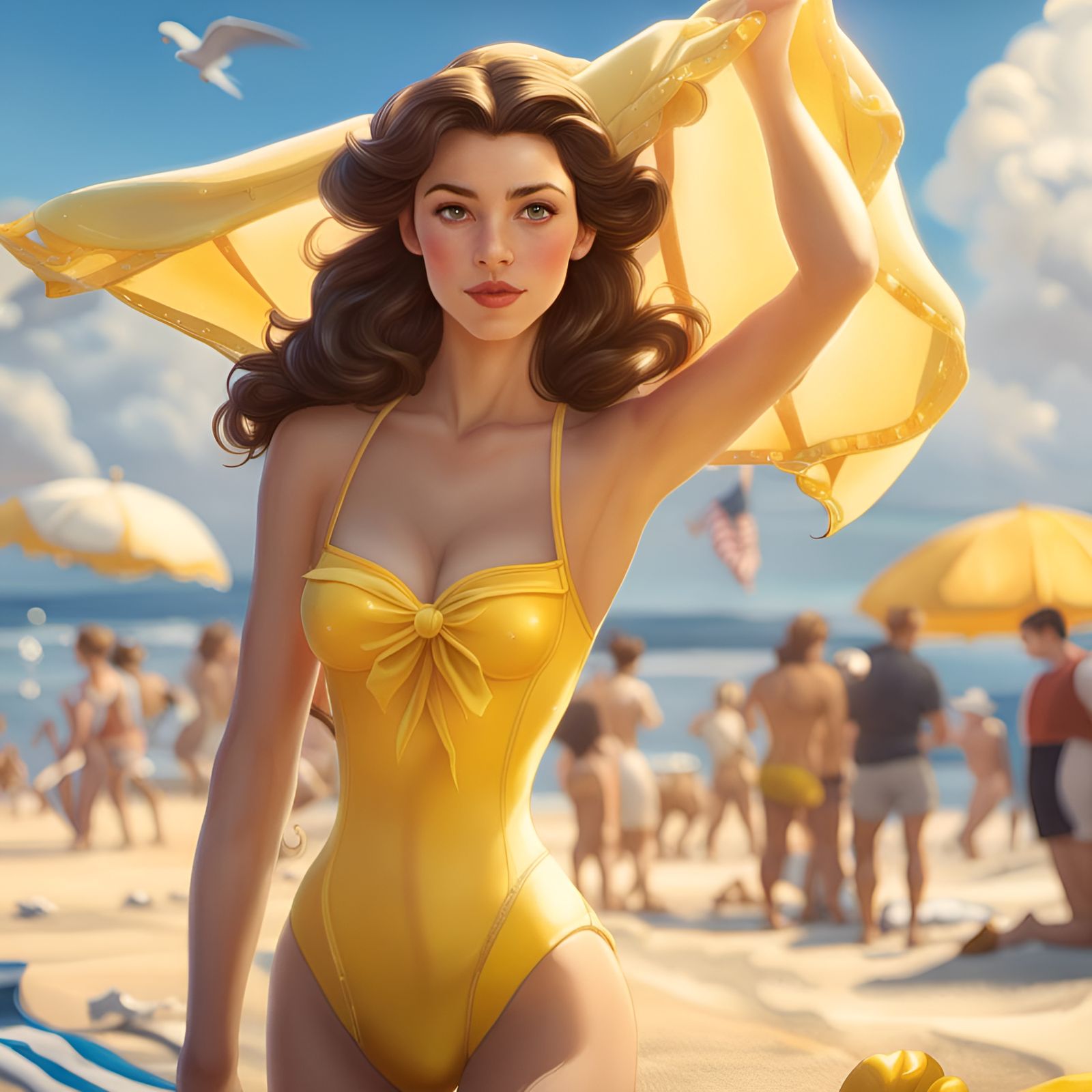Princess Belle's Beach Day: Artgerm and Pixar Style