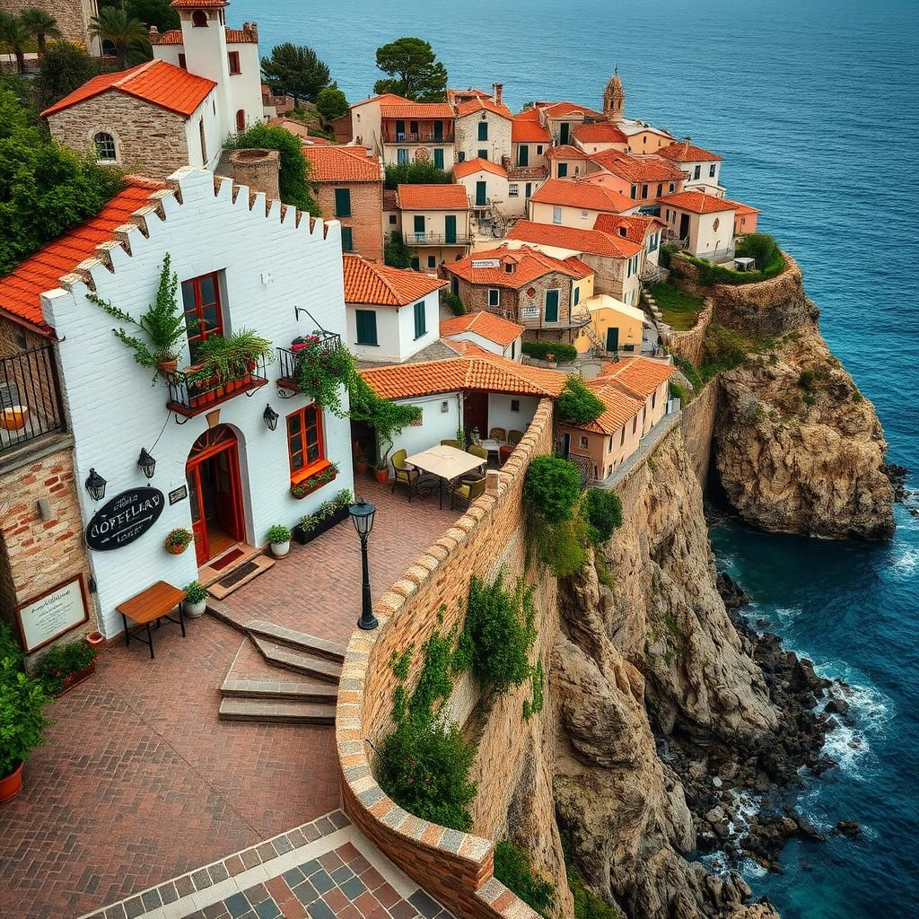 Mediterranean Cliffside Coffee Shop in Photorealistic Style