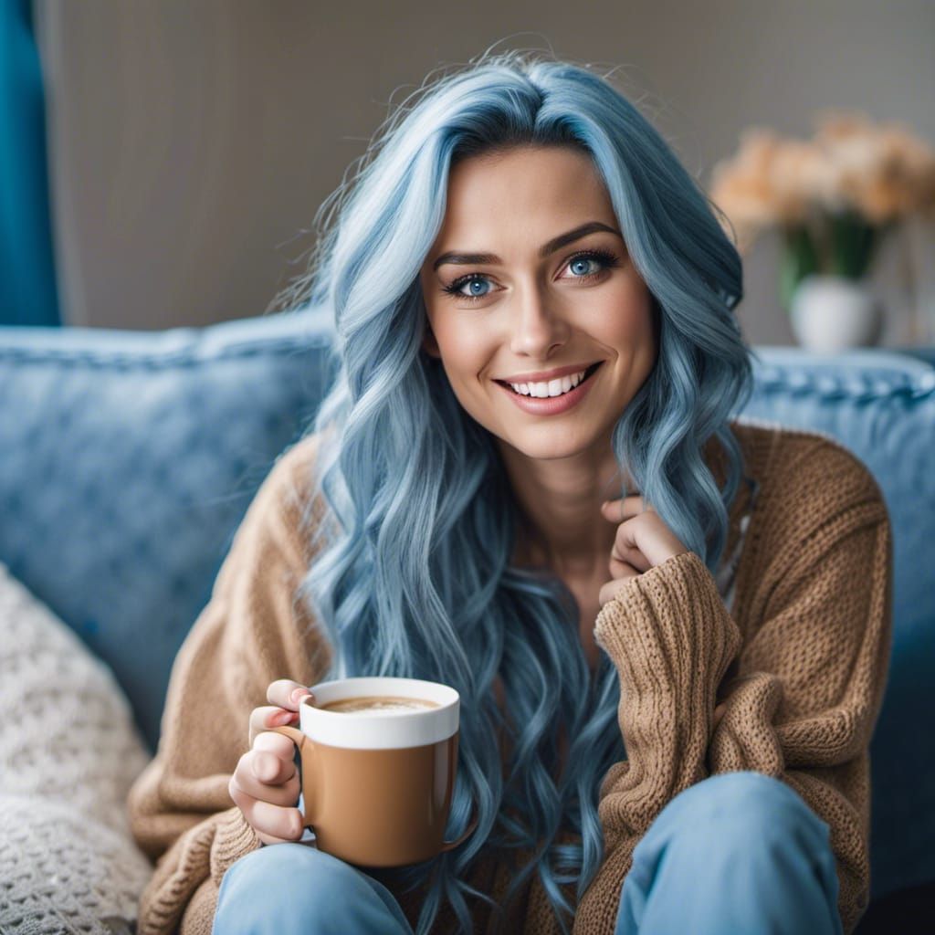 Smiling Blue-Haired Girl with Coffee Cup on Couch