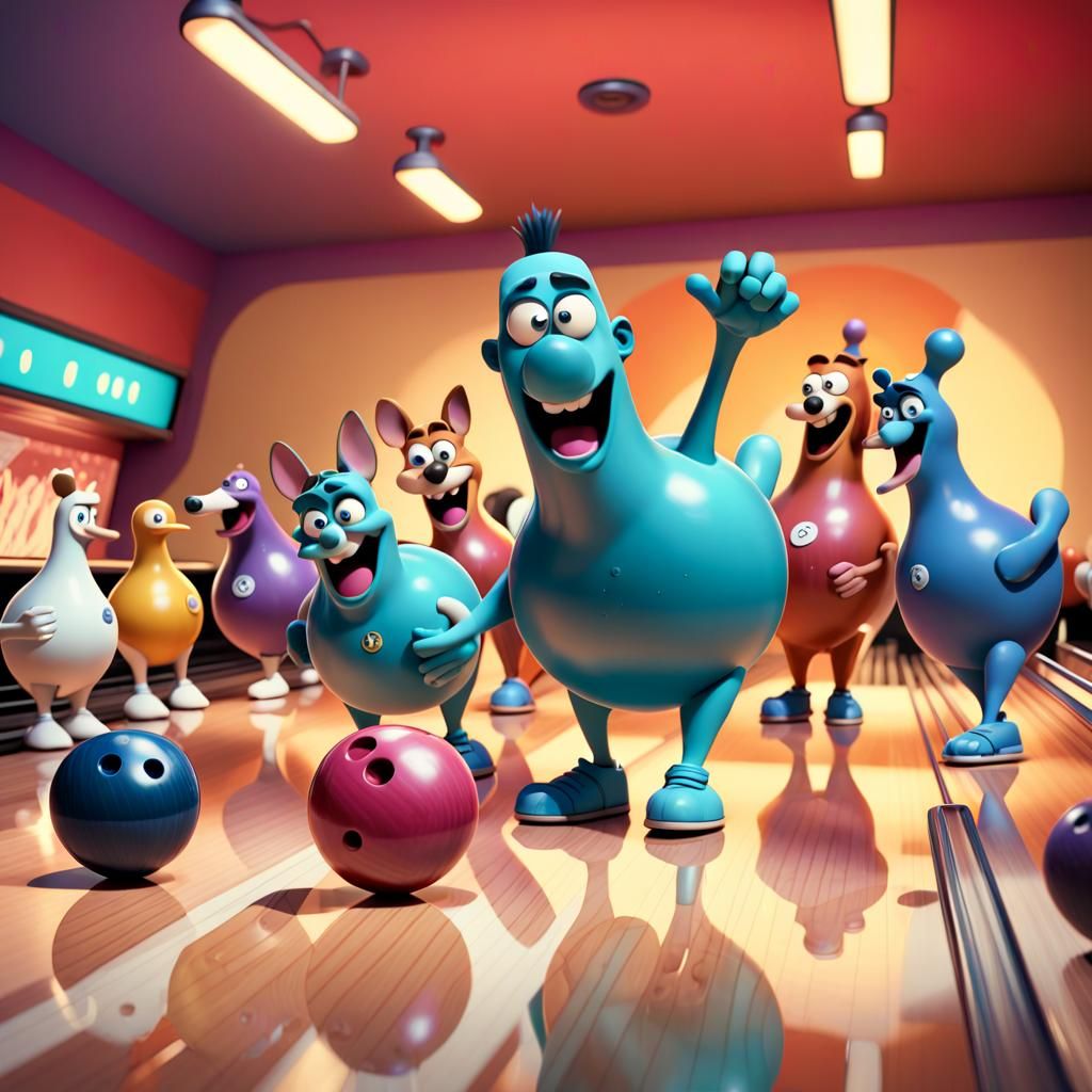 Animal Cartoon Characters Bowling in Pixar Style