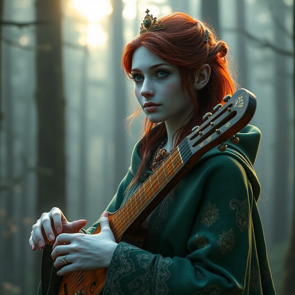 Elf Musician Portrait in Forest, Detailed Render
