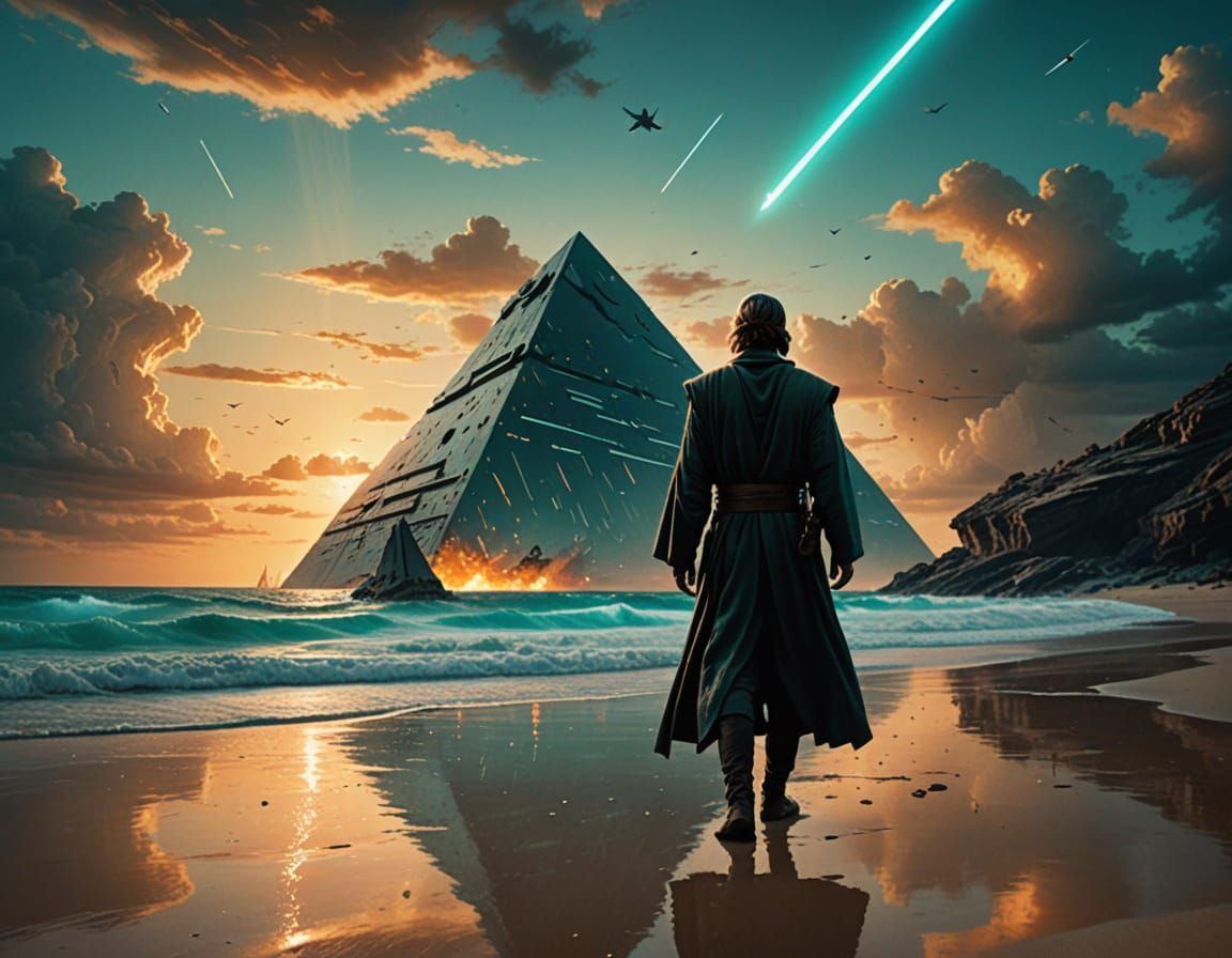 Jedi Knight Gazing at Star Destroyers at Sunset