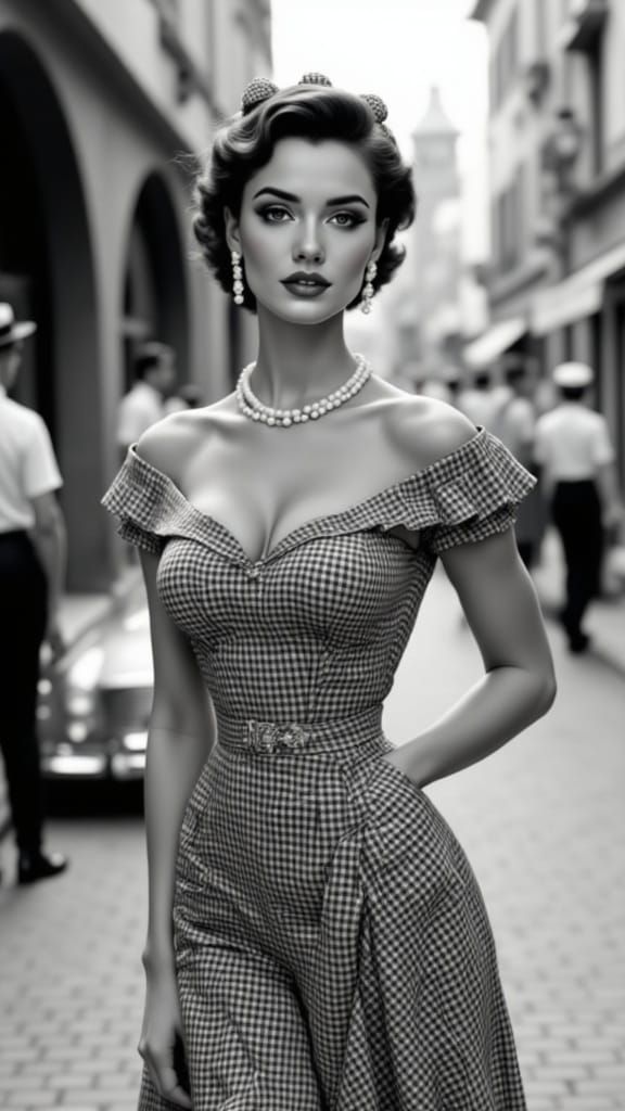 Elegant Woman Dominates 1950s City Street