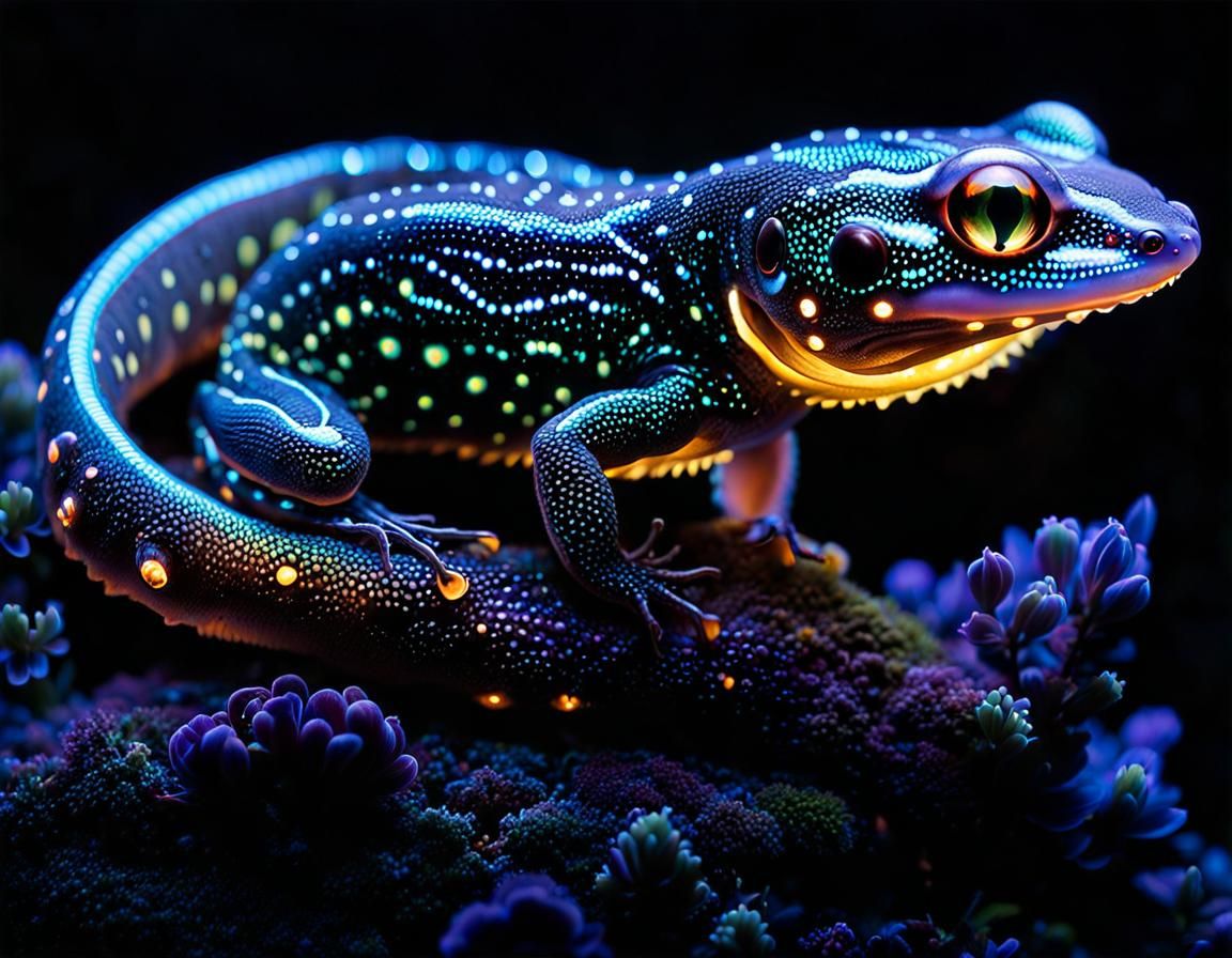 Bioluminescent Salamander on Fantastical Glowing Flower