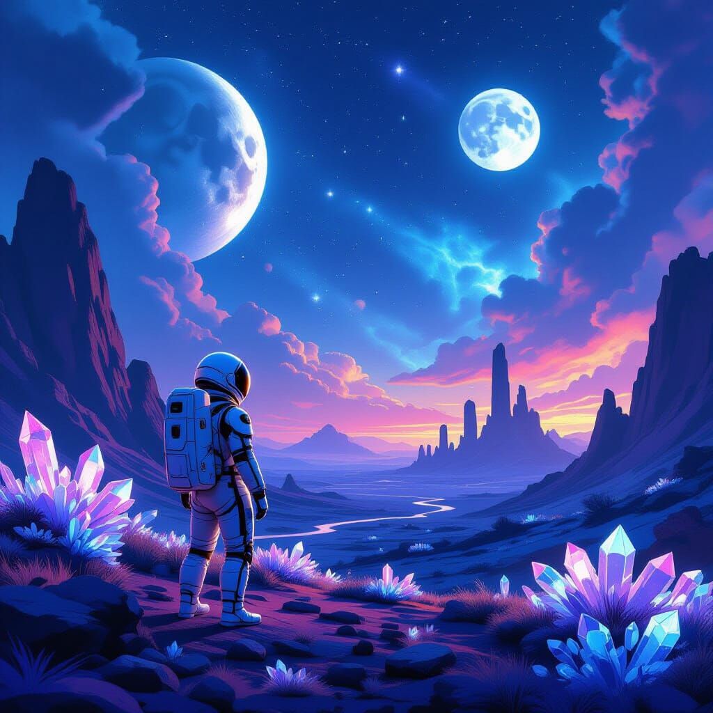 Astronaut on Alien Planet Under Twin Moons and Nebulae