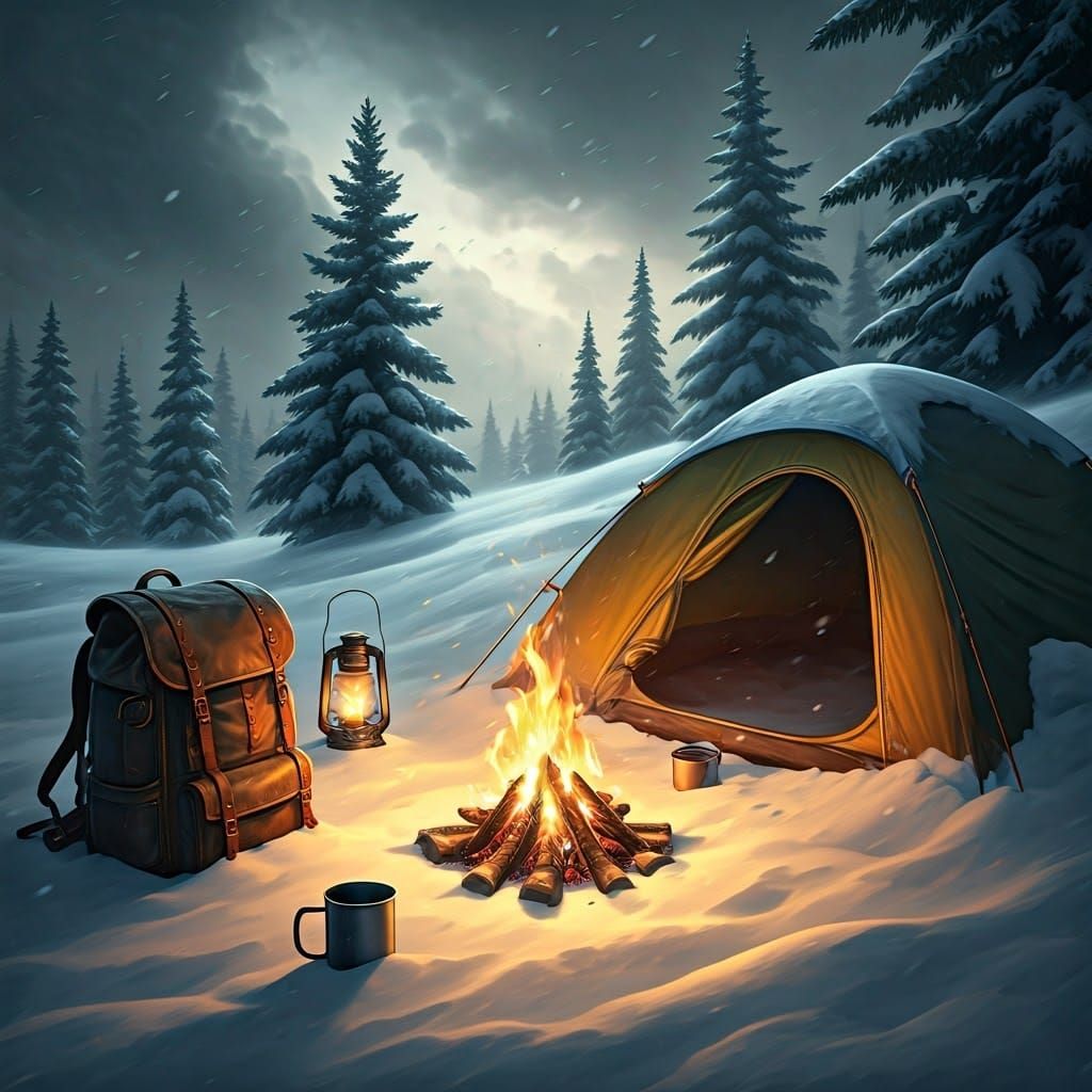 Dramatic Winter Camping Scene in a Raging Snowstorm, Warm Gl...