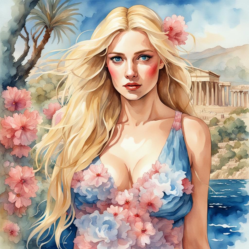 Voluptuous Woman in Ancient Greece: Watercolour Art