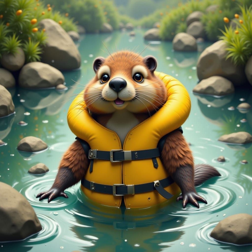 Beaver in Life Jacket Emerges from River: 3D Cartoon