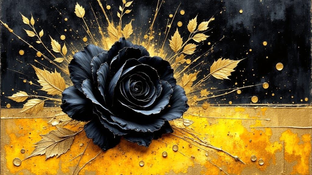 Black Rose on Velvet Table in Watercolor and Gold Style