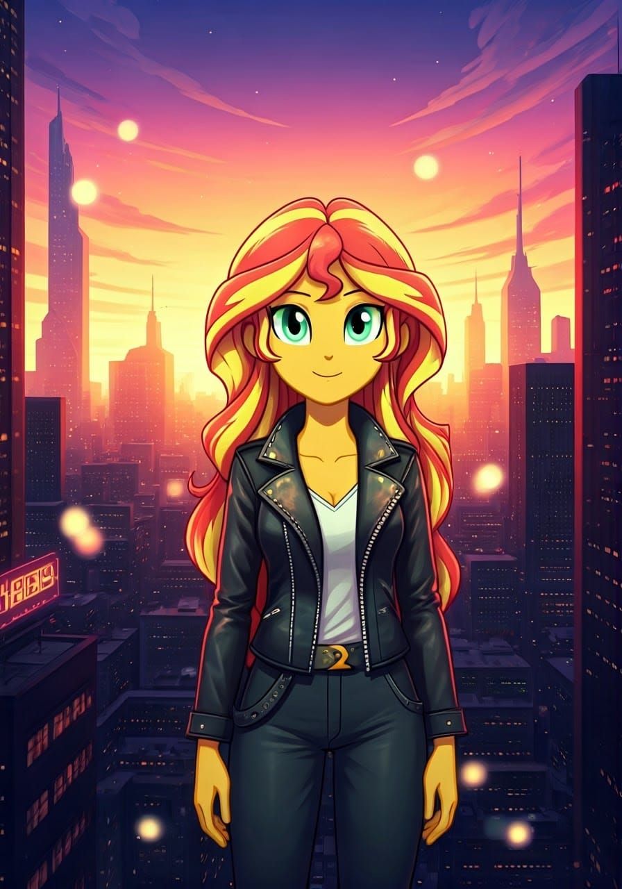 Sunset Shimmer in Cyberpunk Metropolis with Neon Lights