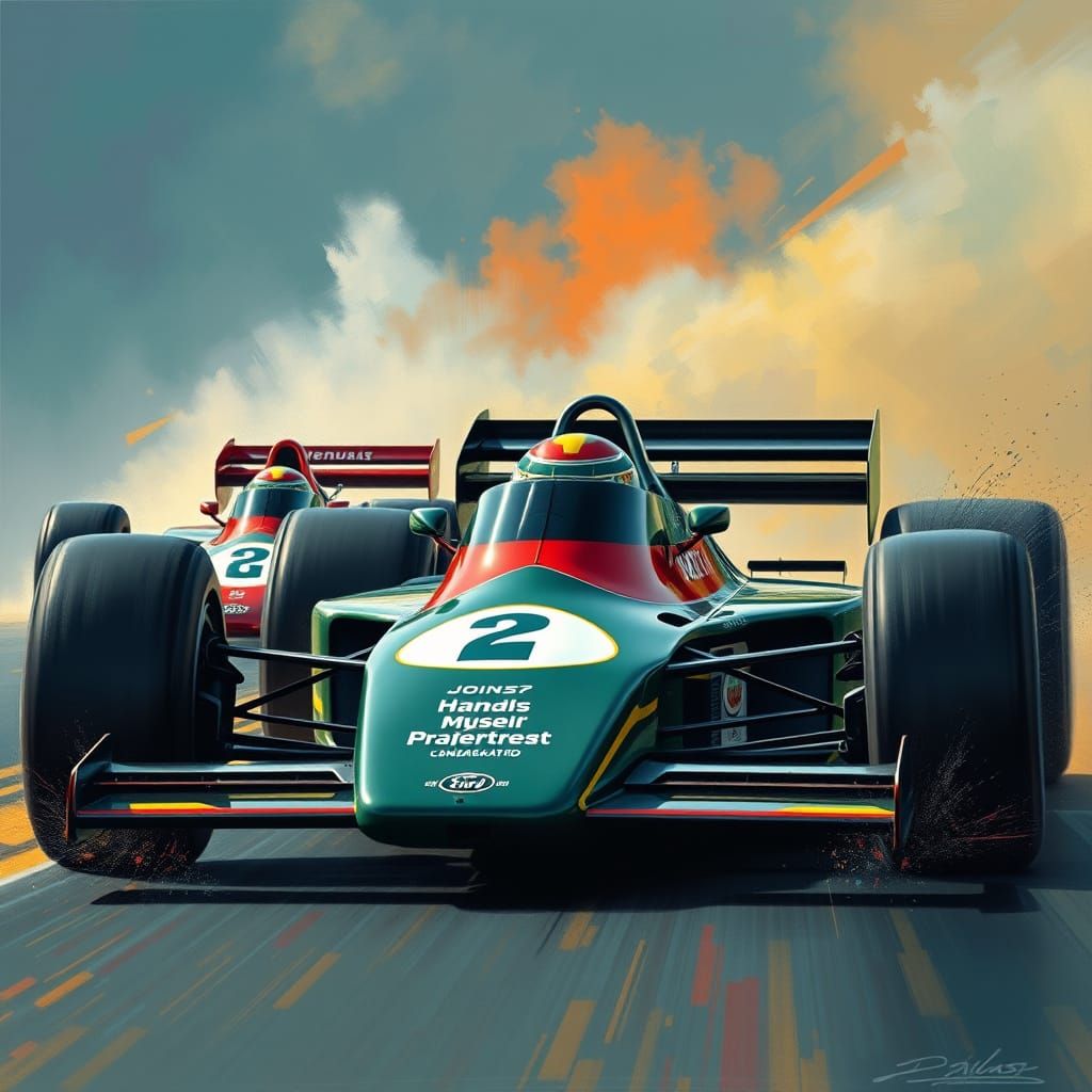 1970s F1 Racing Cars in Hyperrealistic Splash Art