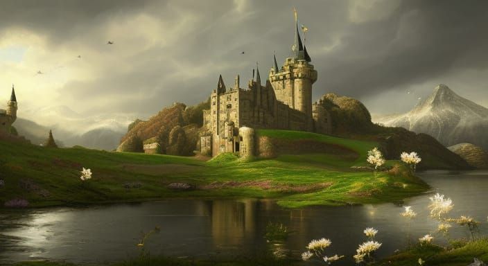 Scottish Castle in Spring: Hyperdetailed Octane Painting